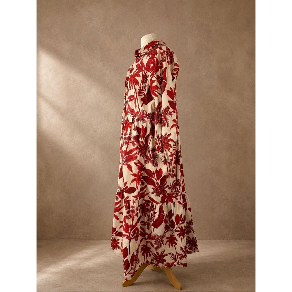 Maeve Medium Bettina Tiered Shirt Dress Red Tropical Floral Midi Boho Resort - Picture 4 of 11